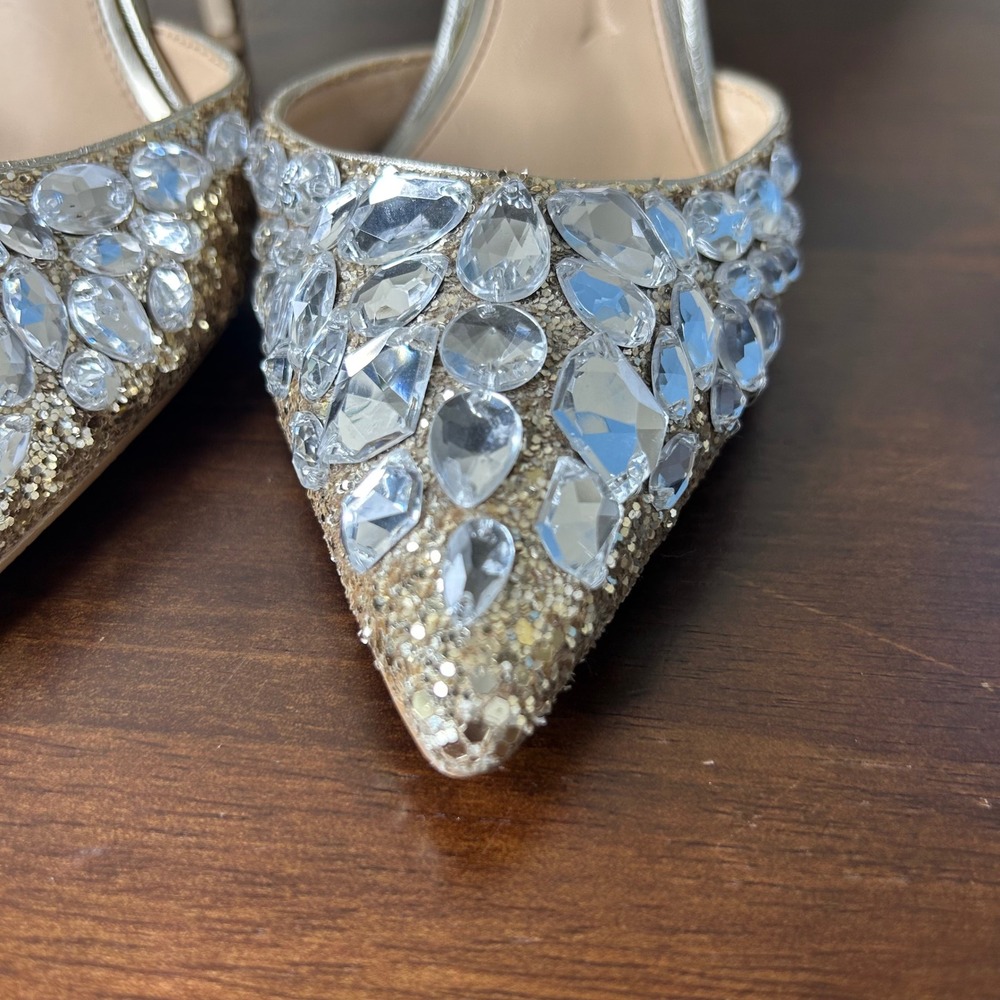 Jewel Badgley Mischka Pumps 7.5 Upton Evening Heels Gold Rhinestone D'Orsay - Picture 3 of 8
